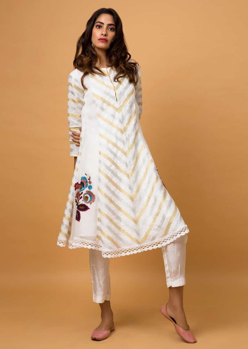 Ivory Anarkali Kurta In Handloom Linen With Zari And Aari Embroidery  