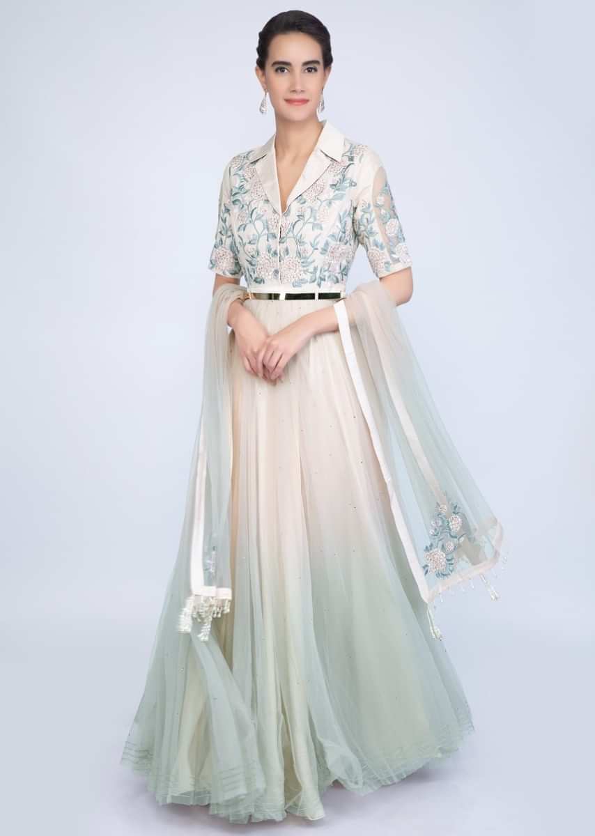 Ivory And Green Anarkali Dress With Shaded Effect And Floral Resham Embroidery Online - Kalki Fashion