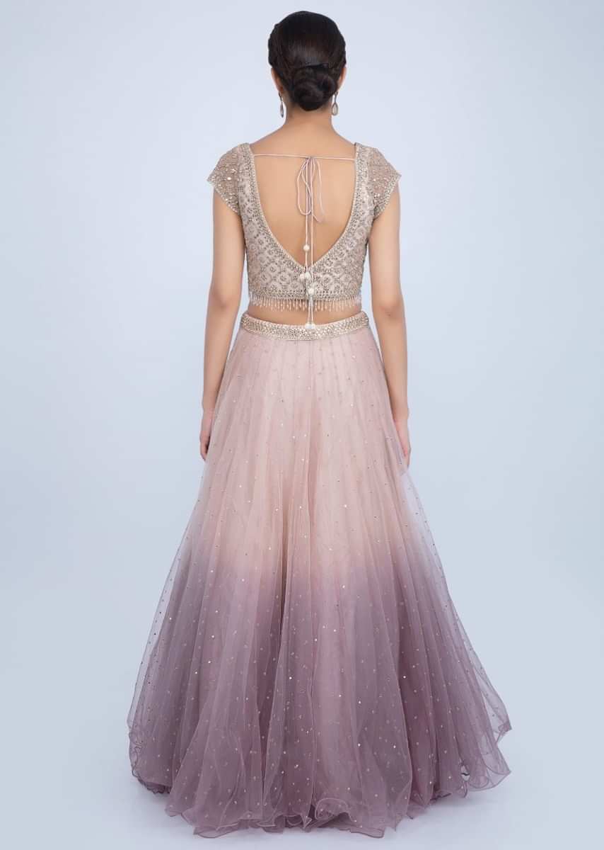 Ivory Beige And Lilac Lehenga In Shaded Net With Matching Embroidered Blouse Online - Kalki Fashion