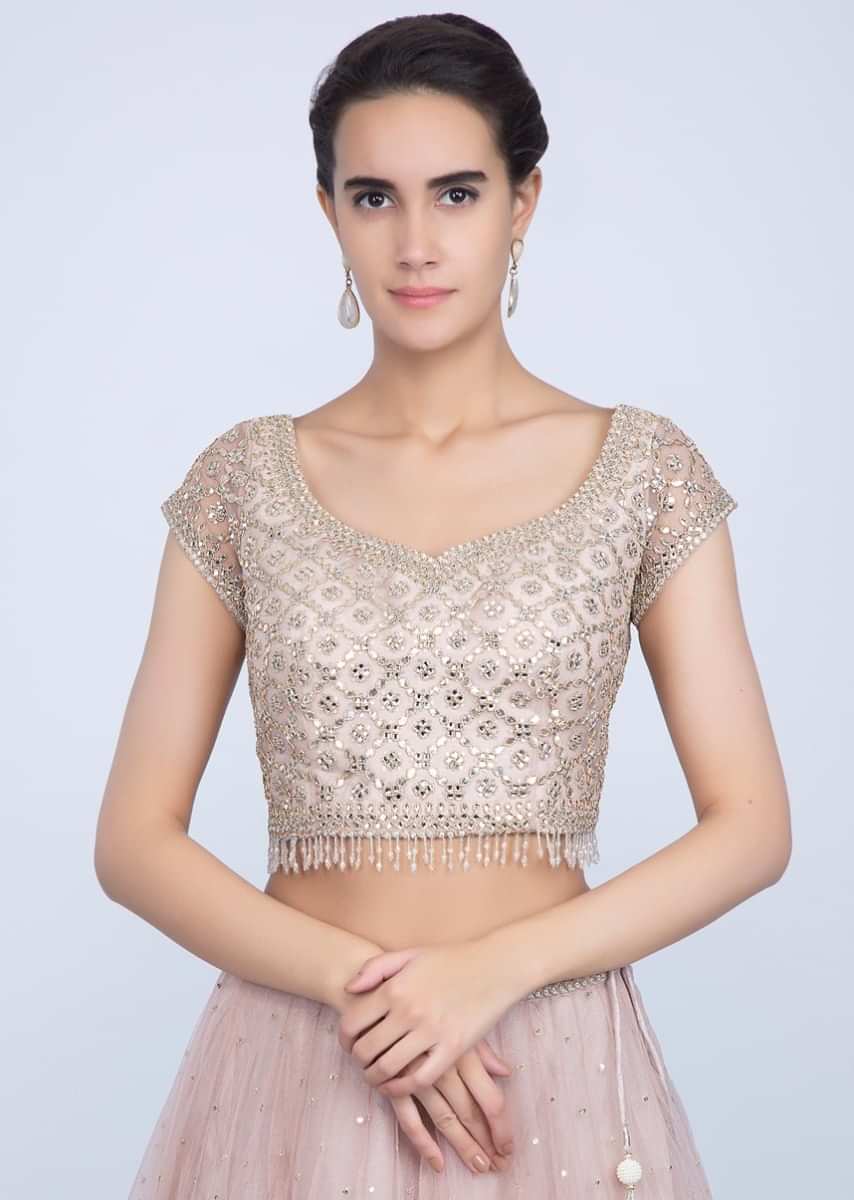 Ivory Beige And Lilac Lehenga In Shaded Net With Matching Embroidered Blouse Online - Kalki Fashion