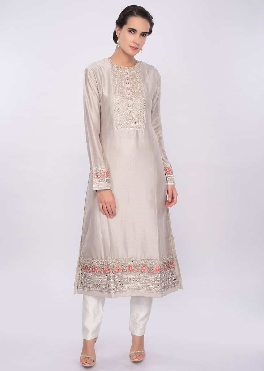 Ivory cotton silk suit set with floral embroidered net dupatta only on Kalki
