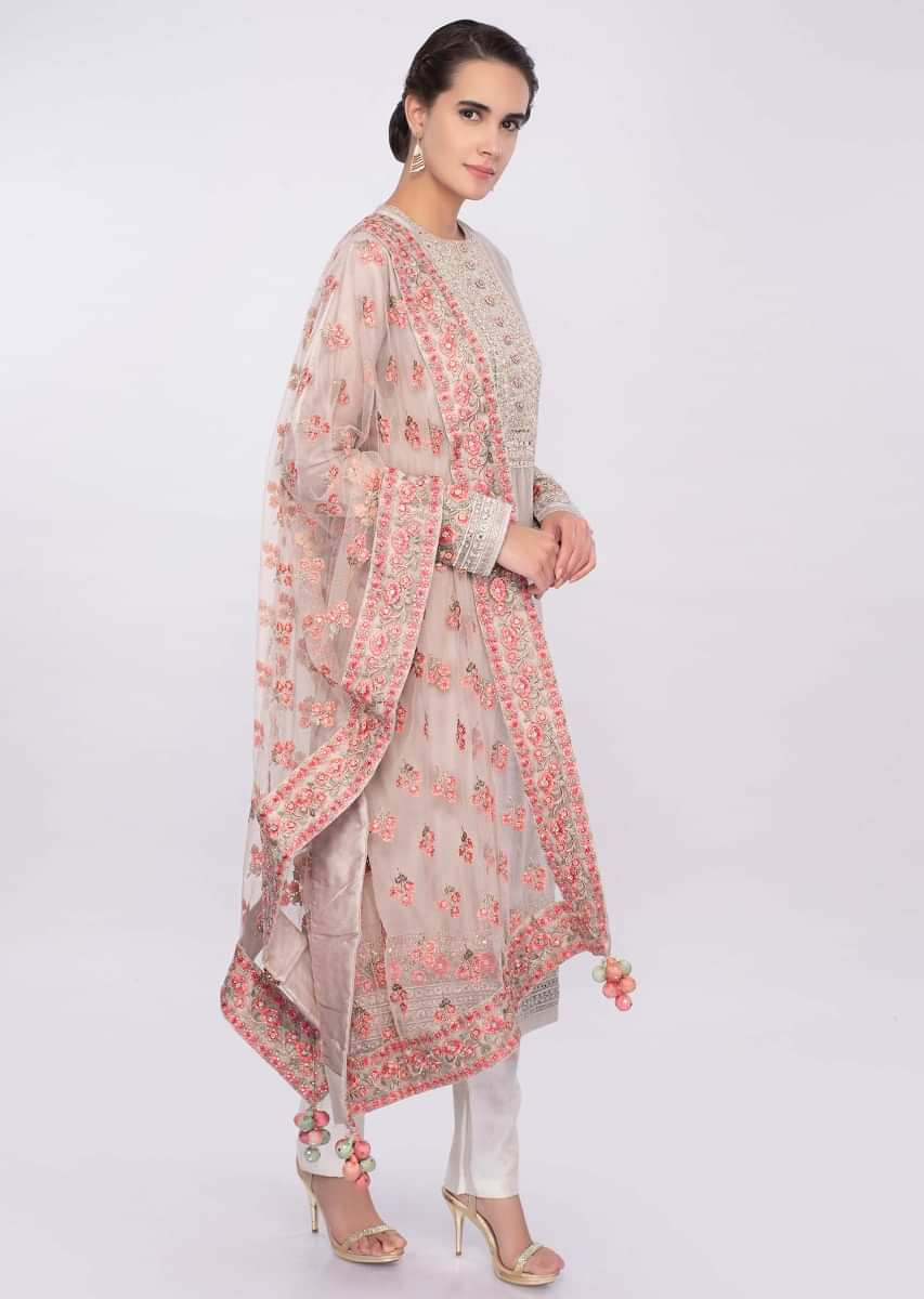 Ivory cotton silk suit set with floral embroidered net dupatta only on Kalki