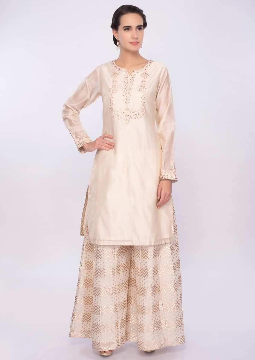 Ivory cotton silk suit with foil printed palazzo and organza dupatta only on Kalki
