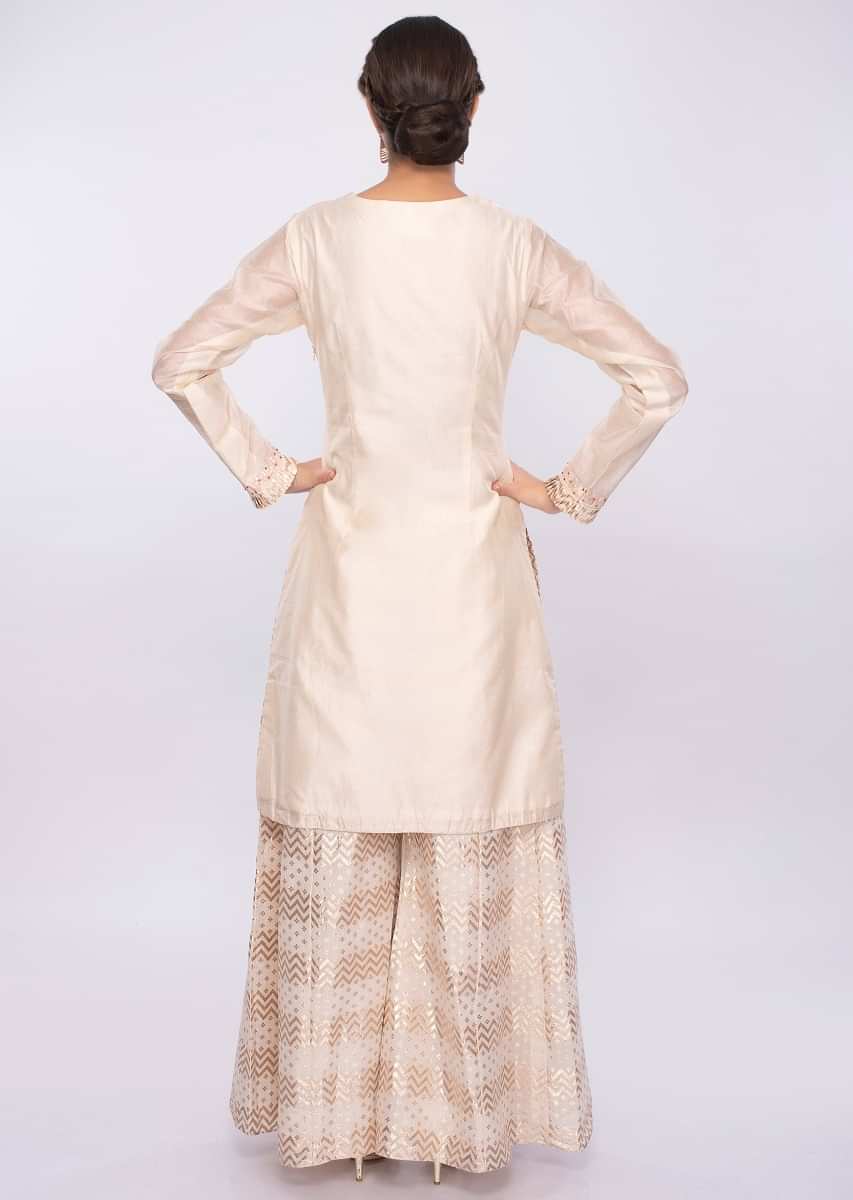 Ivory cotton silk suit with foil printed palazzo and organza dupatta only on Kalki