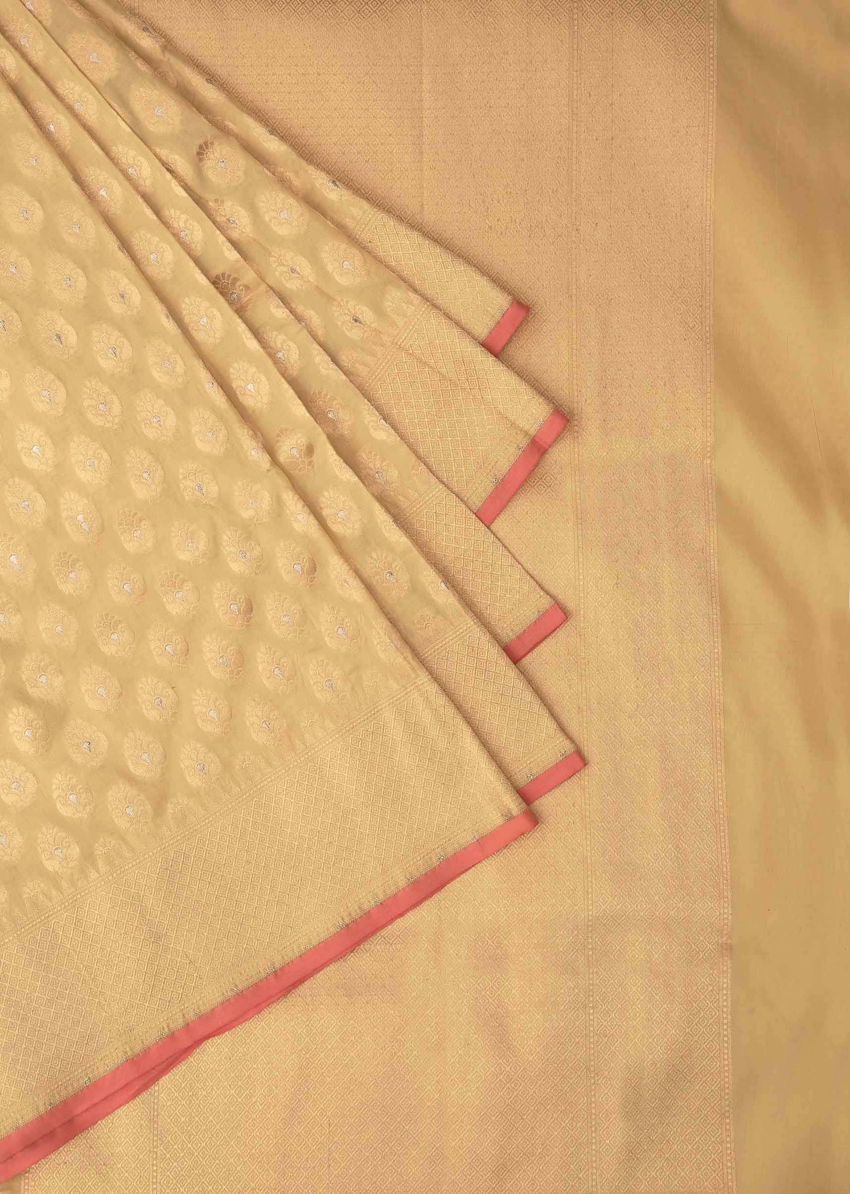 Ivory cream chanderi silk saree with weaved butti and geometric motif pallav border