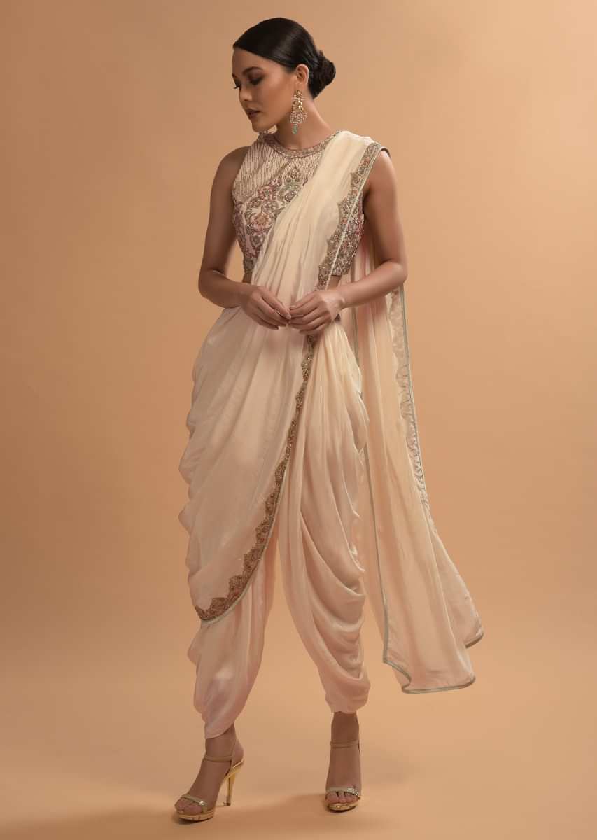 Ivory Dhoti Saree And Crop Top With Embossed Floral Embroidery And High Neckline  