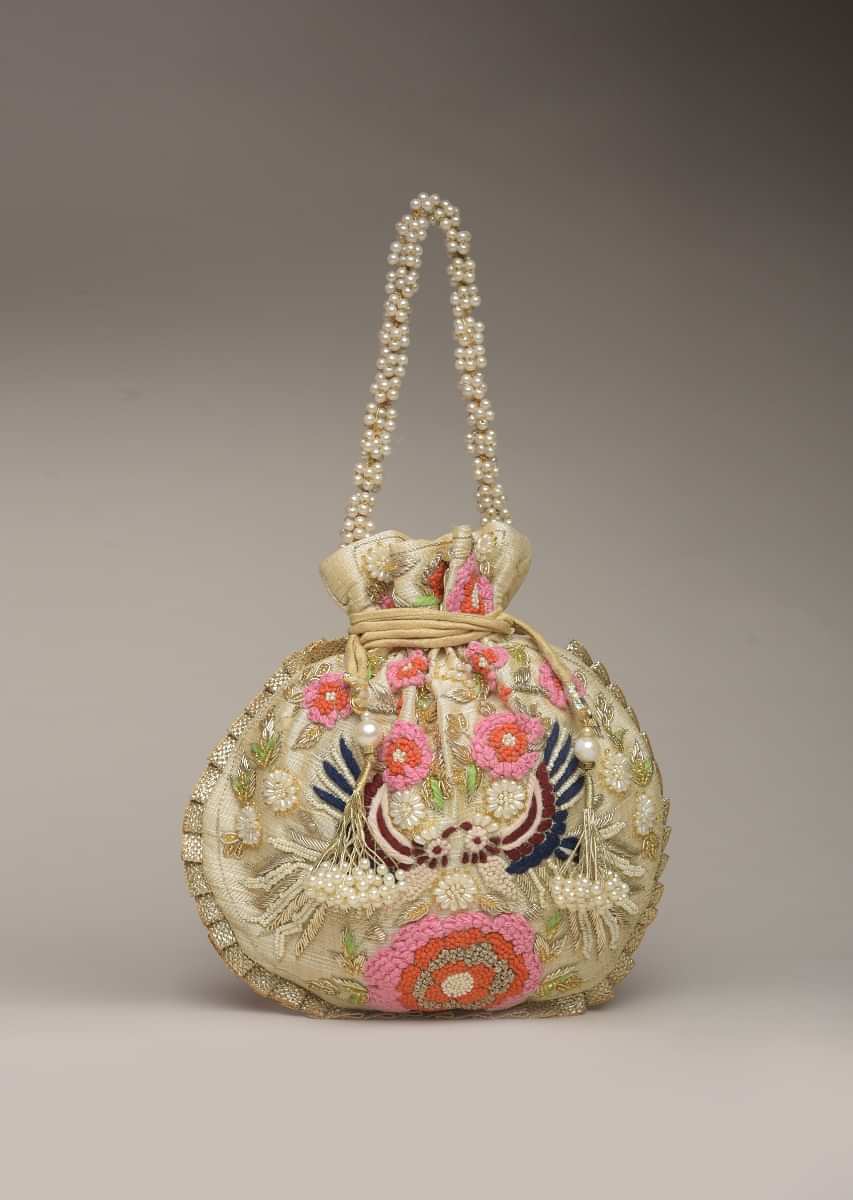 Ivory Gold Potli Bag In Satin or Raw Silk With Hand Embroidered Floral Design Using Thread And Zardosi