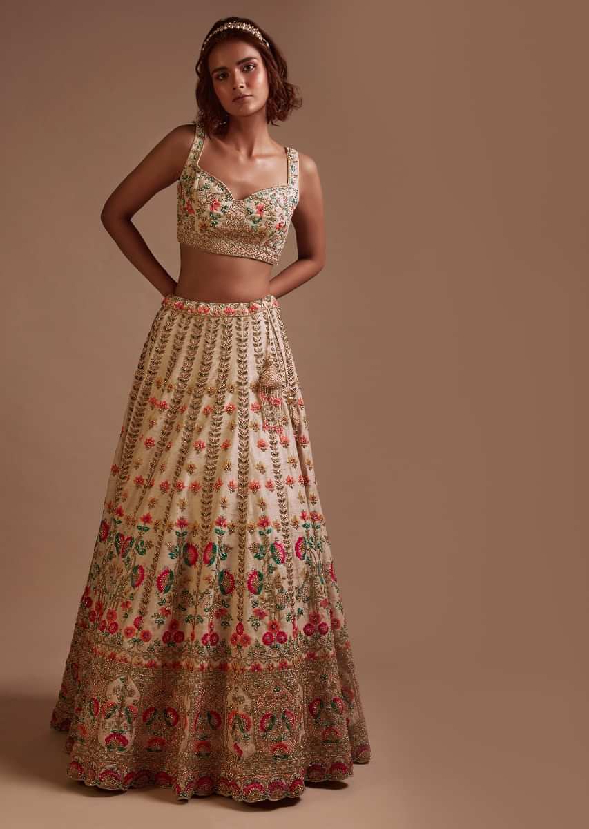 Ivory Lehenga Choli In Raw Silk With Colorful Resham Embroidered Floral Kalis  