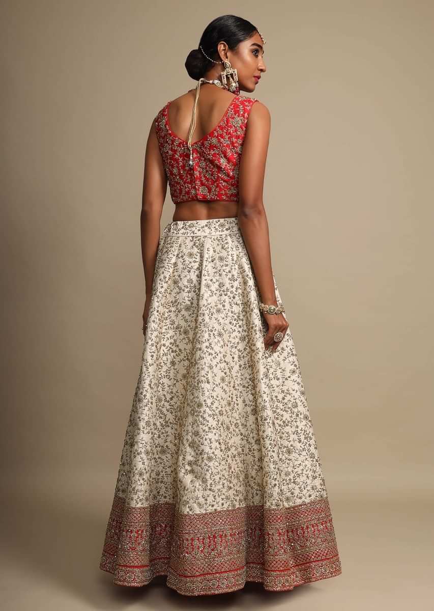 Ivory Lehenga Set With Red Border And Intricate Zari Embroidered Floral Jaal 