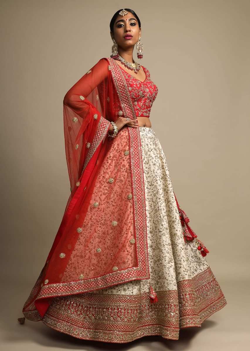 Ivory Lehenga Set With Red Border And Intricate Zari Embroidered Floral Jaal 