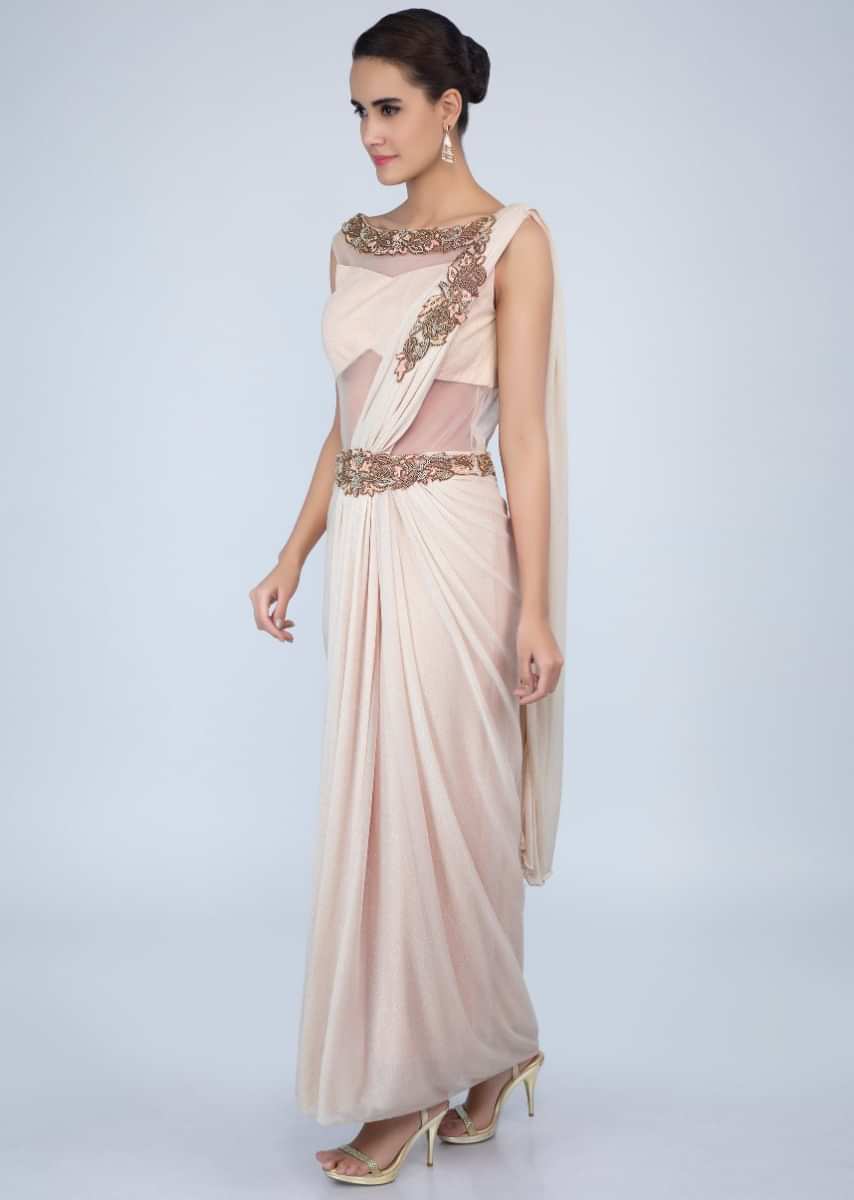 Ivory shimmer lycra saree gown with ready draped pallo only on Kalki