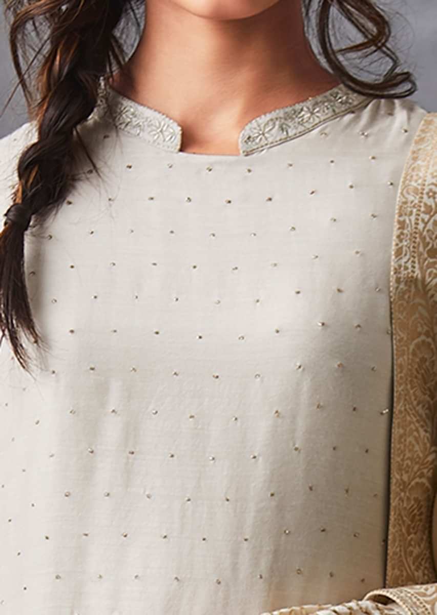 Ivory Straight Suit Adorn In Badla Work Matched With Palazzo Suit Online - Kalki Fashion