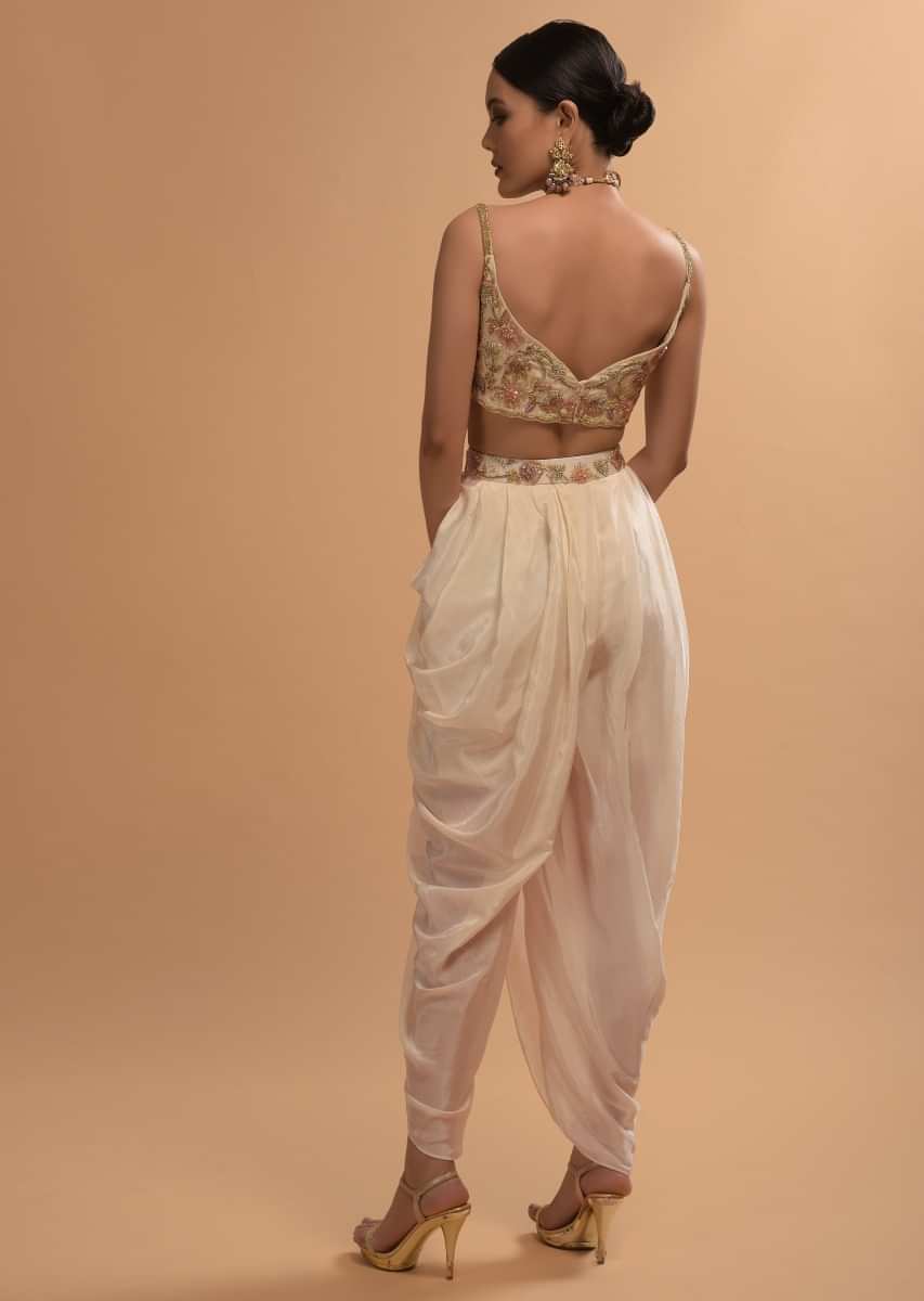Ivory Tulip Dhoti And Crop Top Set With Embossed Embroidery And Sweetheart Neckline  