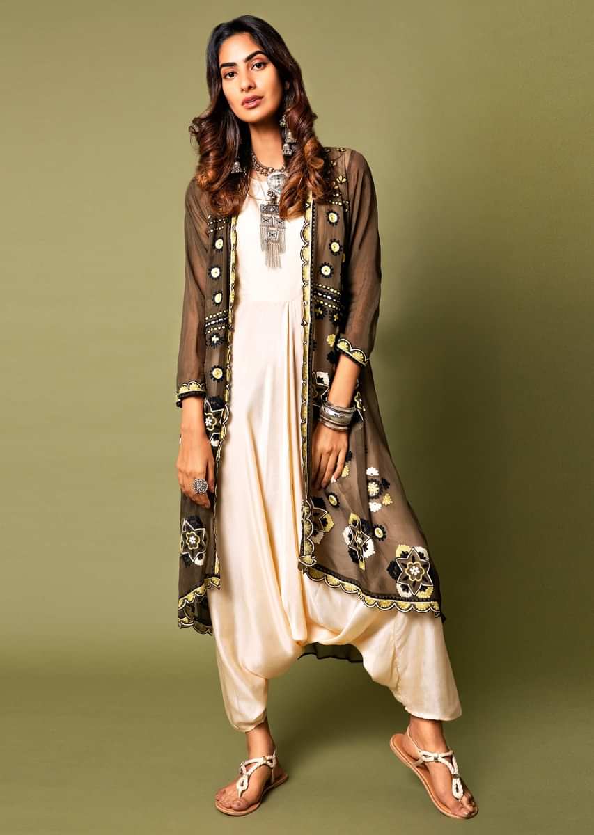 Ivory White Cowl Jumpsuit Paired With A Contrasting Olive Jacket Featuring Mandala Aari Embroidery  