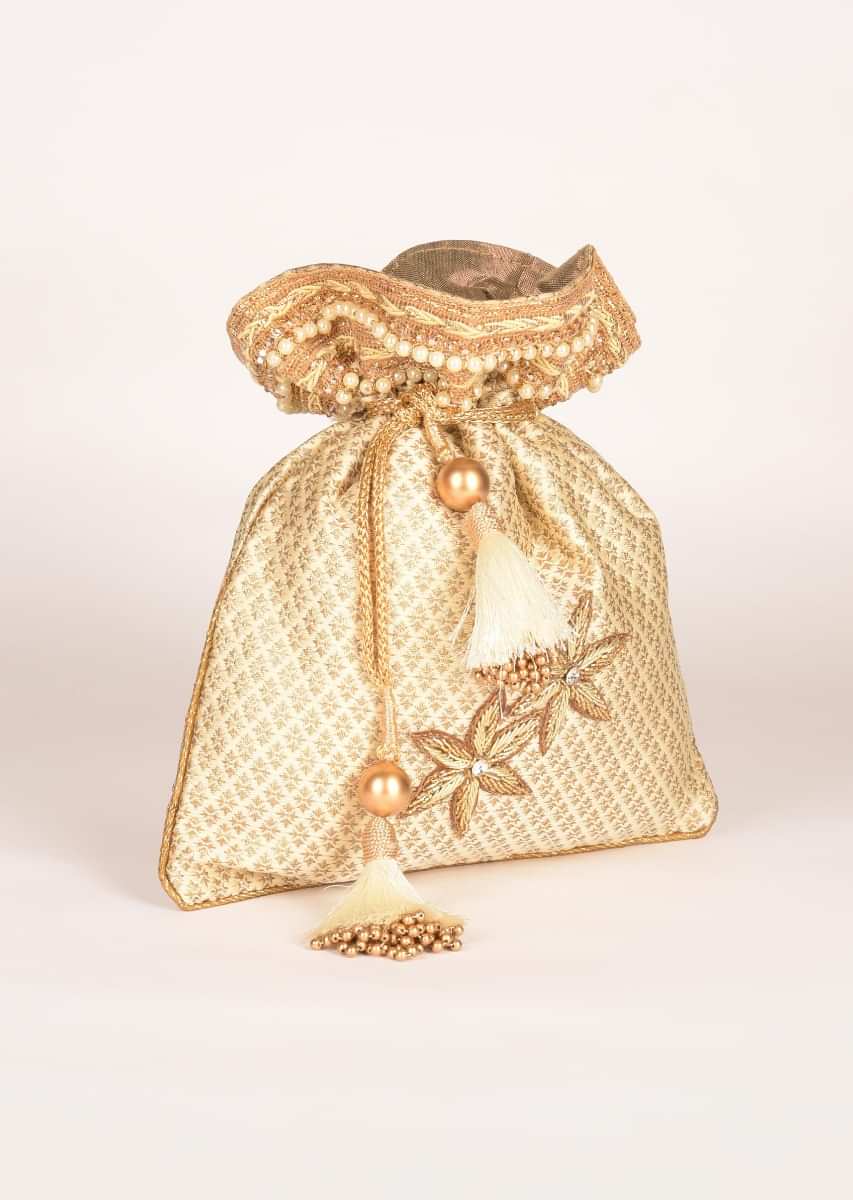 Buy Ivory White Potli Bag In Silk With Brocade Buttis Online - Kalki ...