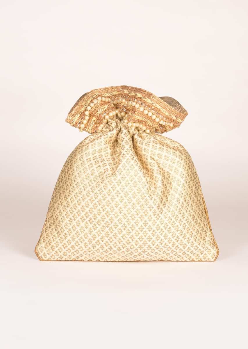 Buy Ivory White Potli Bag In Silk With Brocade Buttis Online - Kalki ...