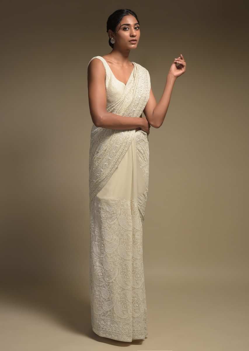 Ivory White Saree In Georgette Adorned With Lucknowi Thread Embroidery In Paisley Jaal