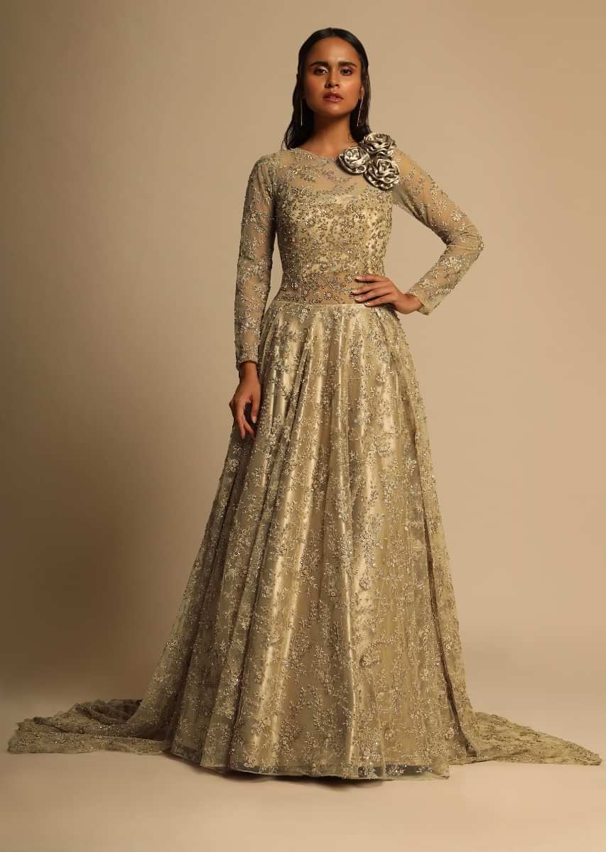 Ivory & Beige Cocktail Dress Adorned With Intricate Pearl Embroidery And 3D Flowers Online - Kalki Fashion