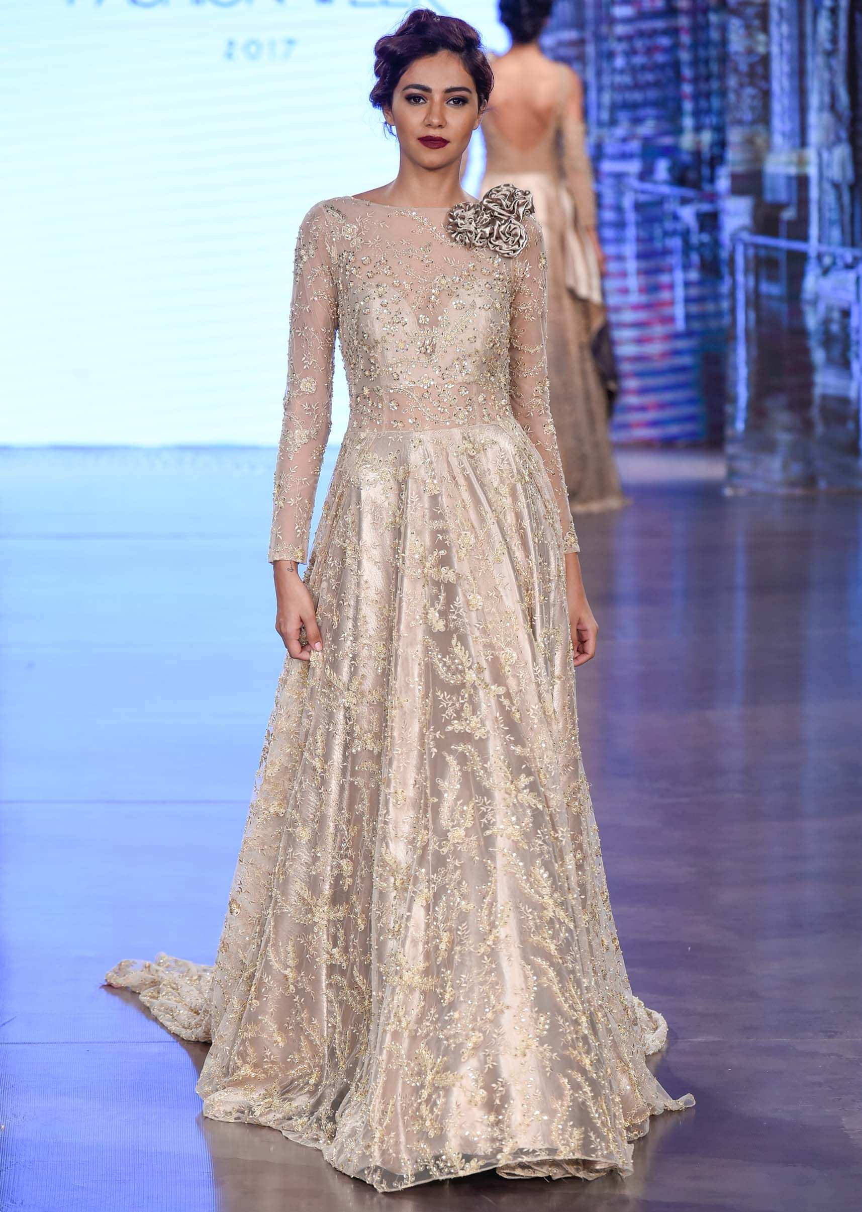 Ivory & Beige Cocktail Dress Adorned With Intricate Pearl Embroidery And 3D Flowers Online - Kalki Fashion