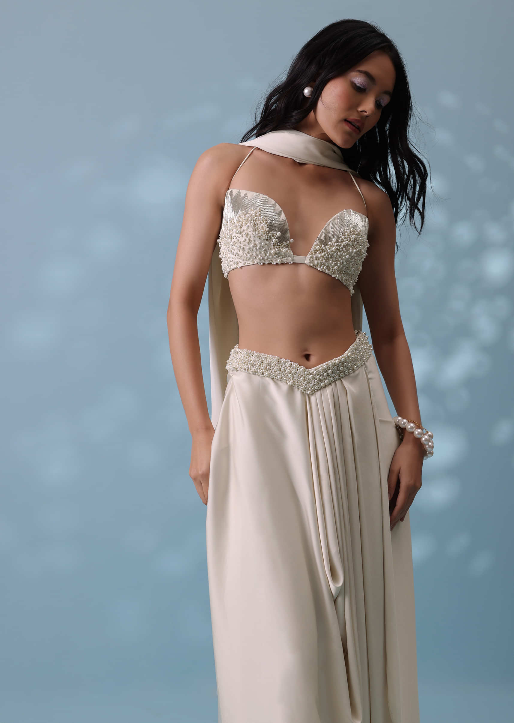 Buy Ivory White Embroidered Drape Skirt And Bustier Top In Milano