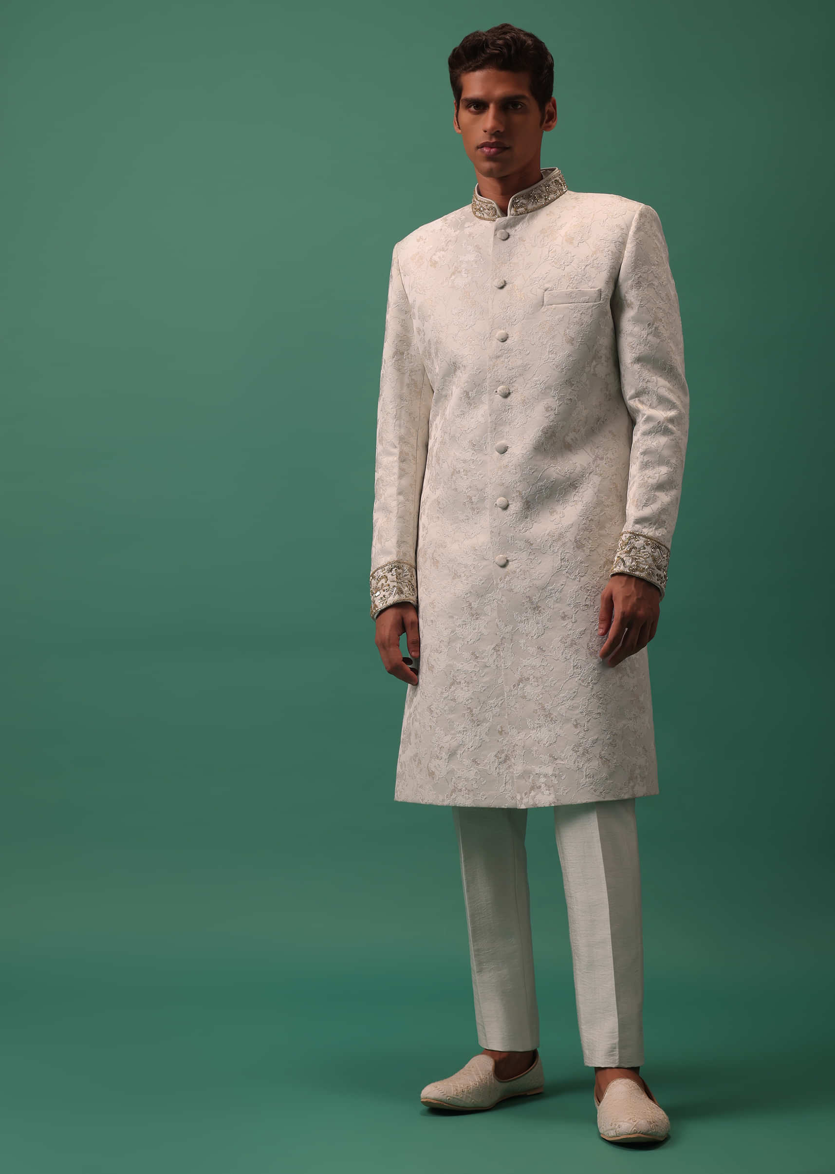 Cream Viscose ZigZag Pattern Mirror Work Achkan Coat With Pant Style  Pajama  Exotic India Art