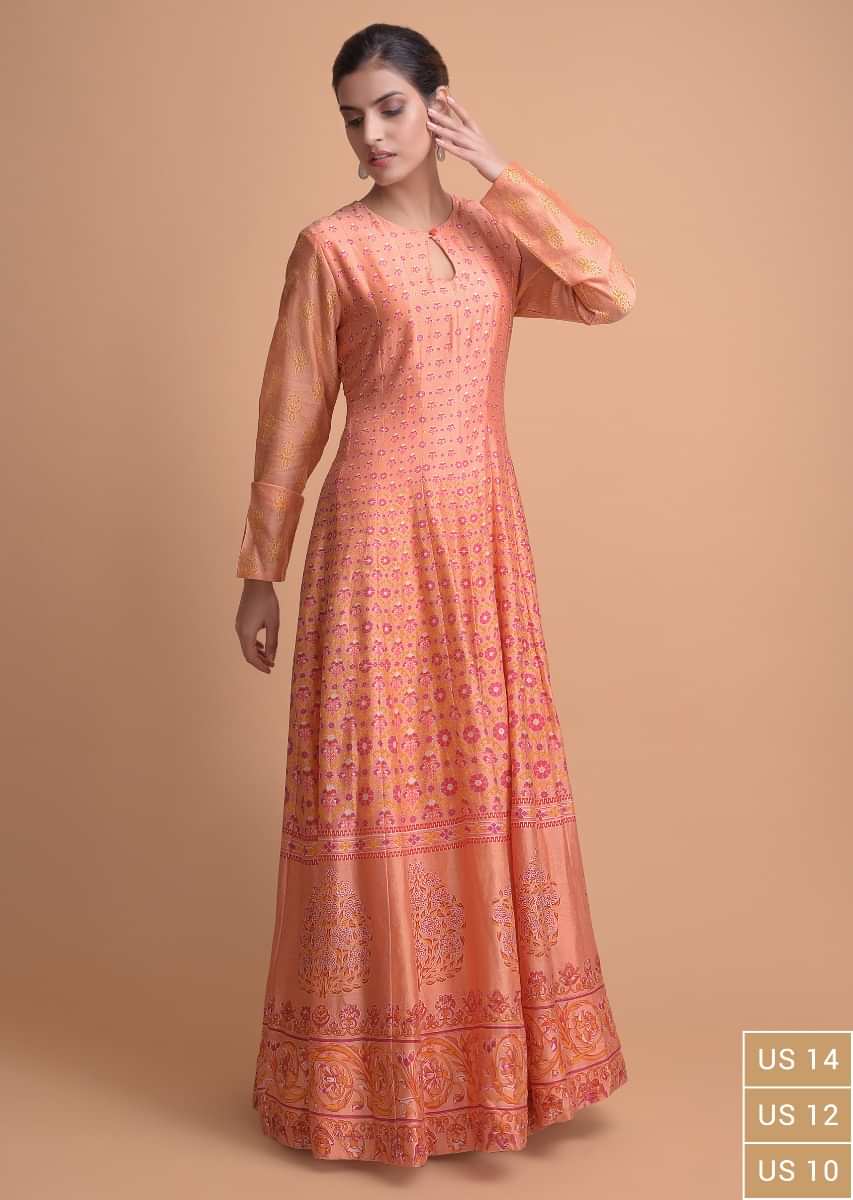 Melon Orange Anarkali Suit In Cotton Beautified With Floral Pattern Online - Kalki Fashion
