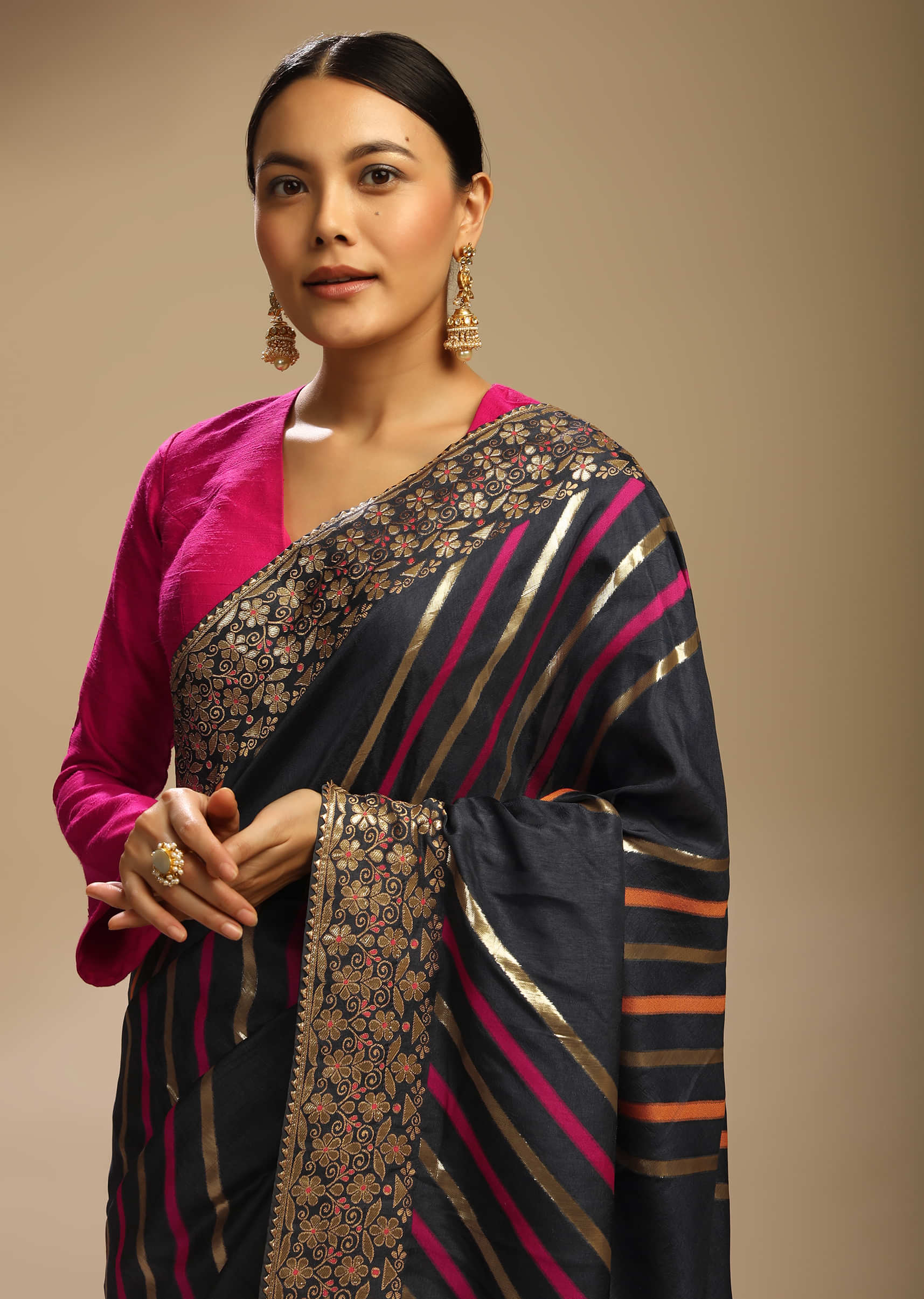 Eclipse Grey Saree In Dola Silk With Multi Colored Woven Diagonal Stripes And Floral Border