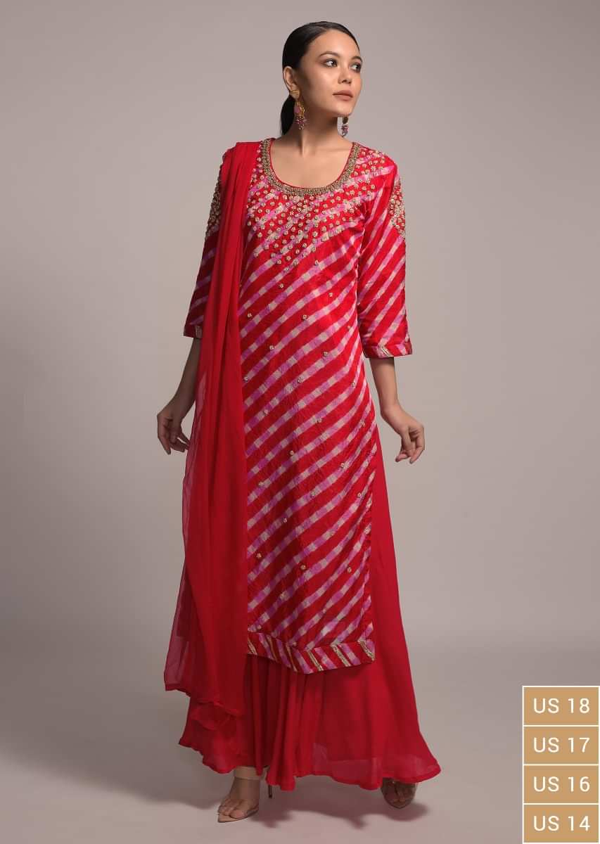 Red And Pink Sharara Suit Set With Lehariya Print And Zardozi Embroidered Roses