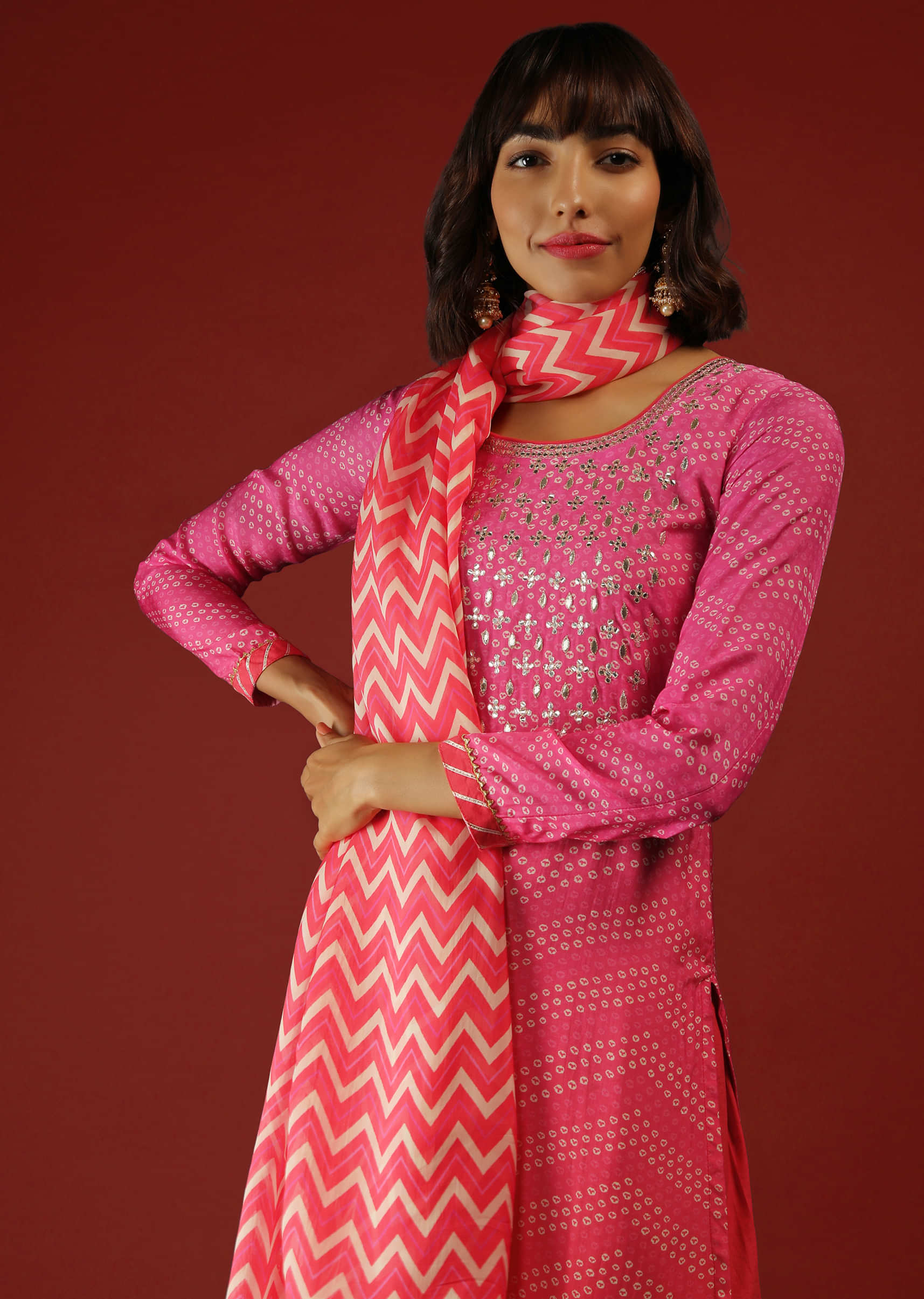 Magenta And Coral Pink Shaded Palazzo Suit With Bandhani Print And Chevron Dupatta  