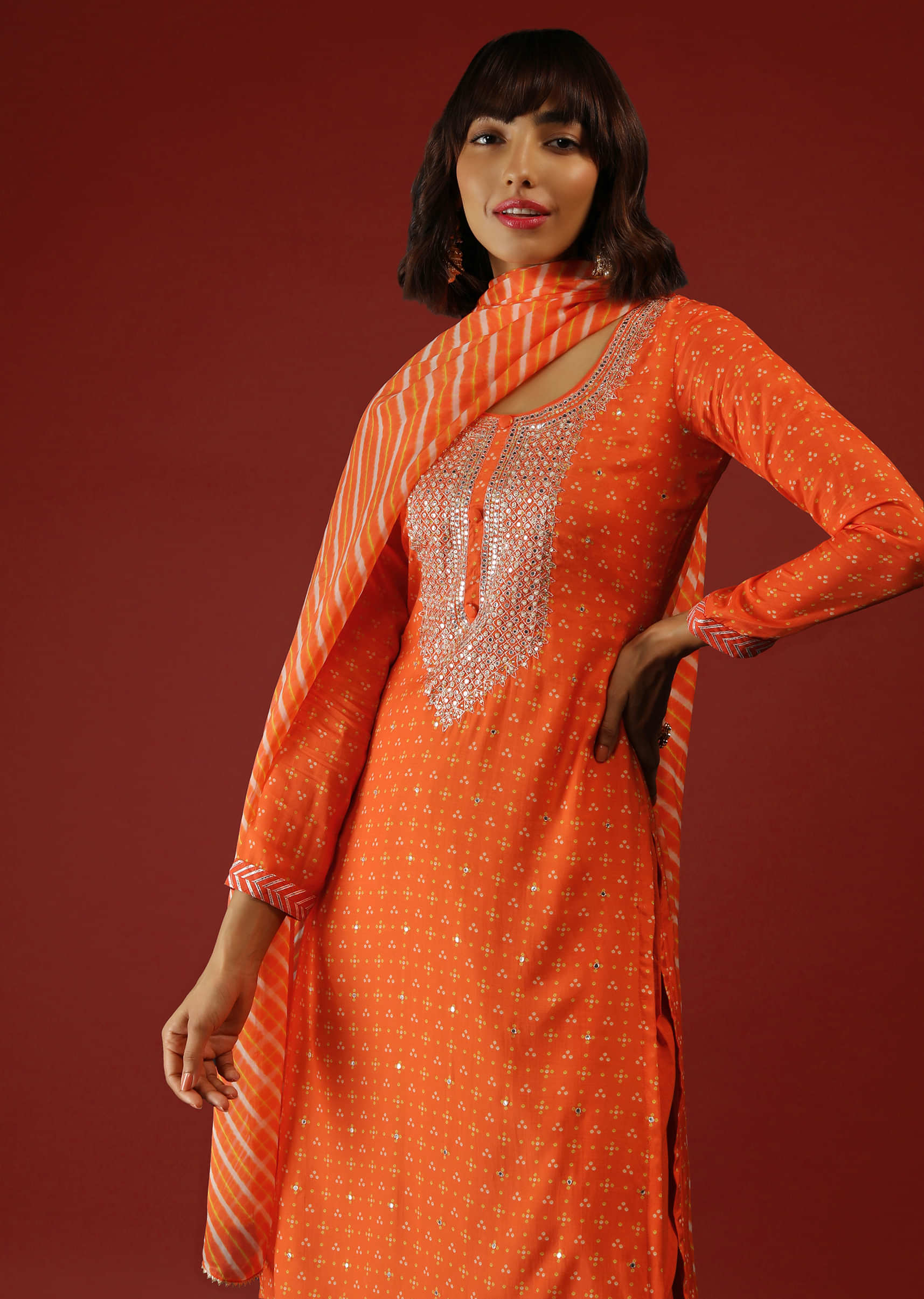 Orange Palazzo Suit In Cotton With Bandhani Print And Lehariya Dupatta  
