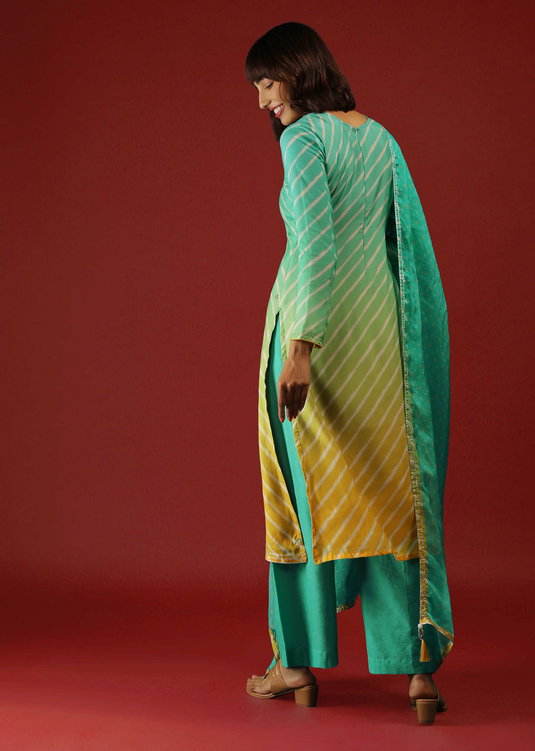 Turquoise And Yellow Ombre Straight Cut Palazzo Suit With Lehariya Print And Bandhani Dupatta  