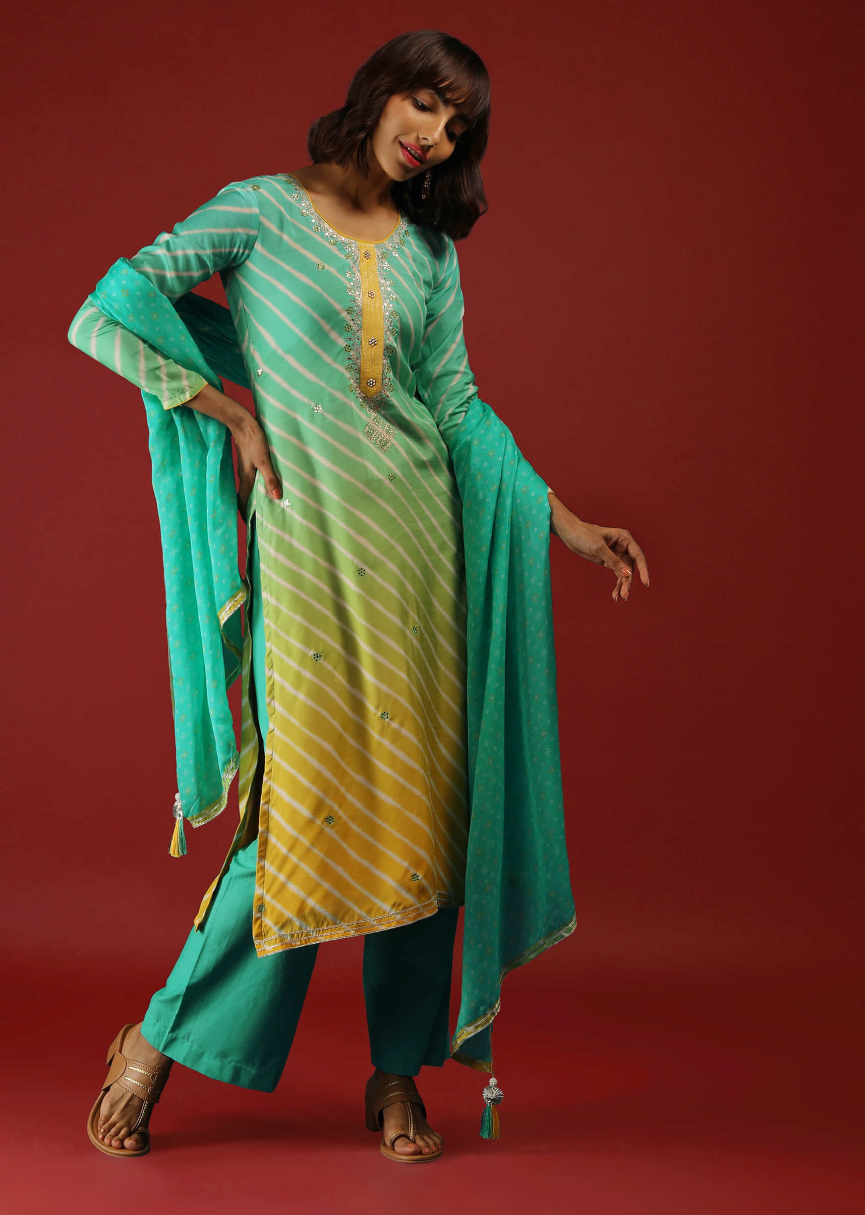 Turquoise And Yellow Ombre Straight Cut Palazzo Suit With Lehariya Print And Bandhani Dupatta  