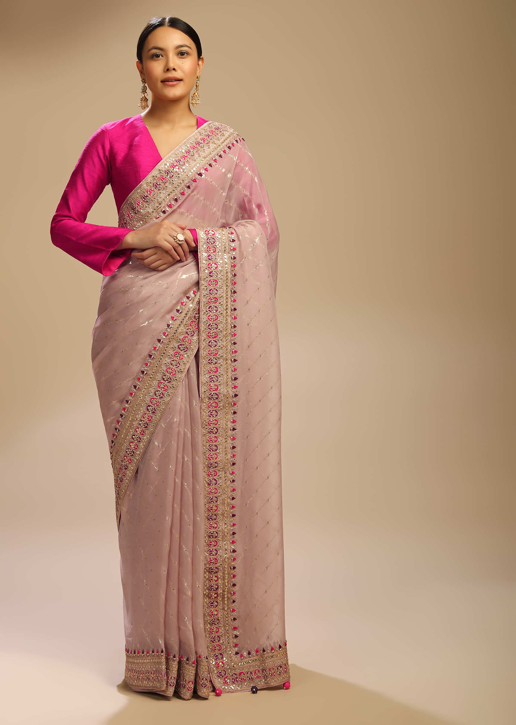 Violet Ice Saree With Lurex Stripes, Fuchsia And Purple Patchwork And Gotta Patti On The Border