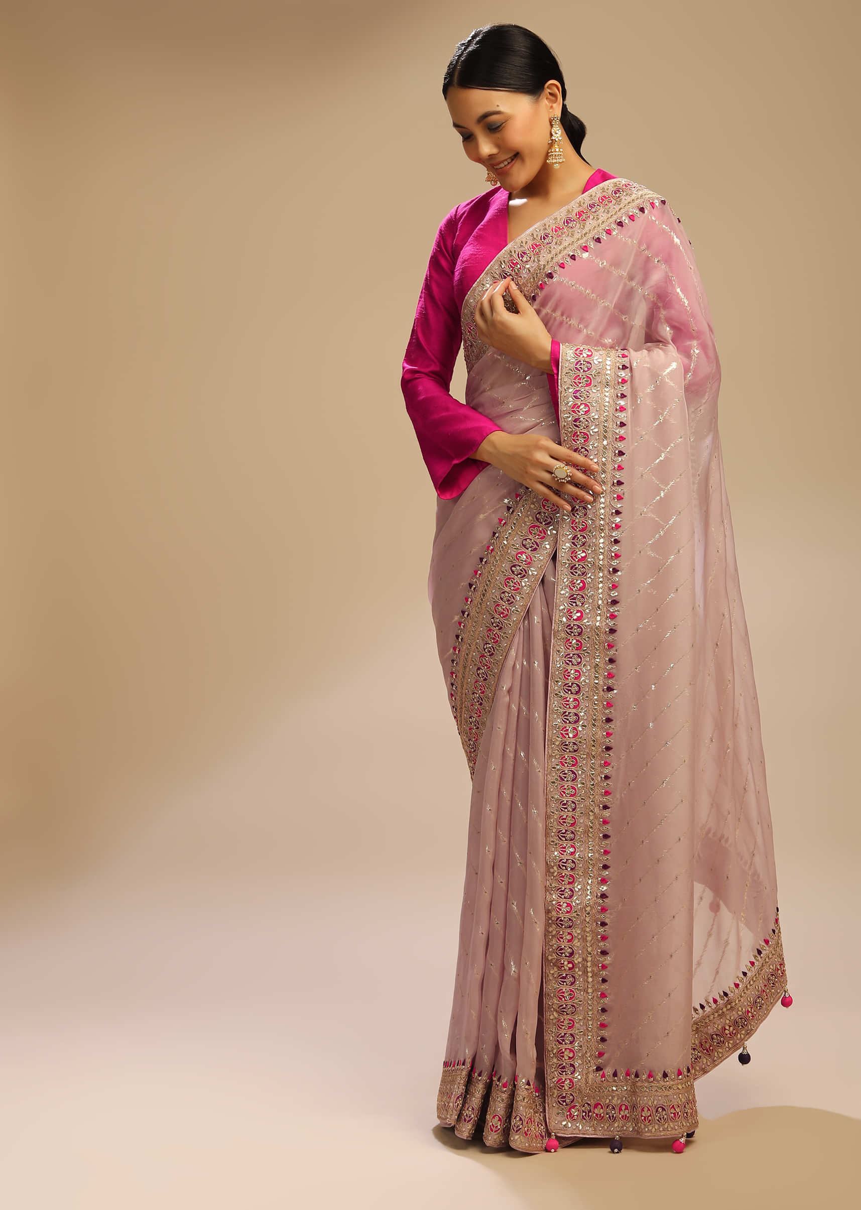 Violet Ice Saree With Lurex Stripes, Fuchsia And Purple Patchwork And Gotta Patti On The Border