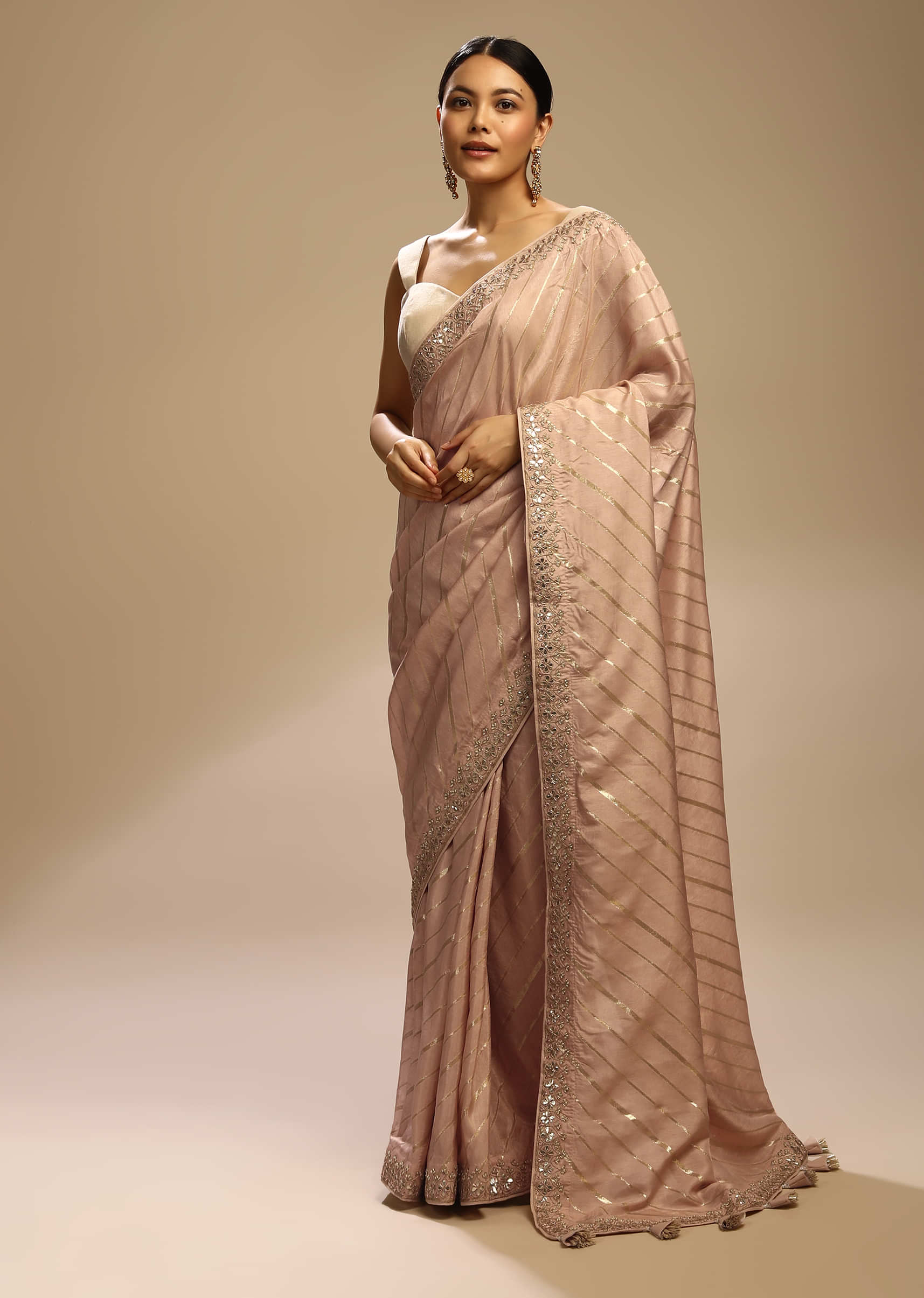 Peach Whip Saree In Dupion Silk With Woven Diagonal Stripes And Gotta Embroidered Floral Border