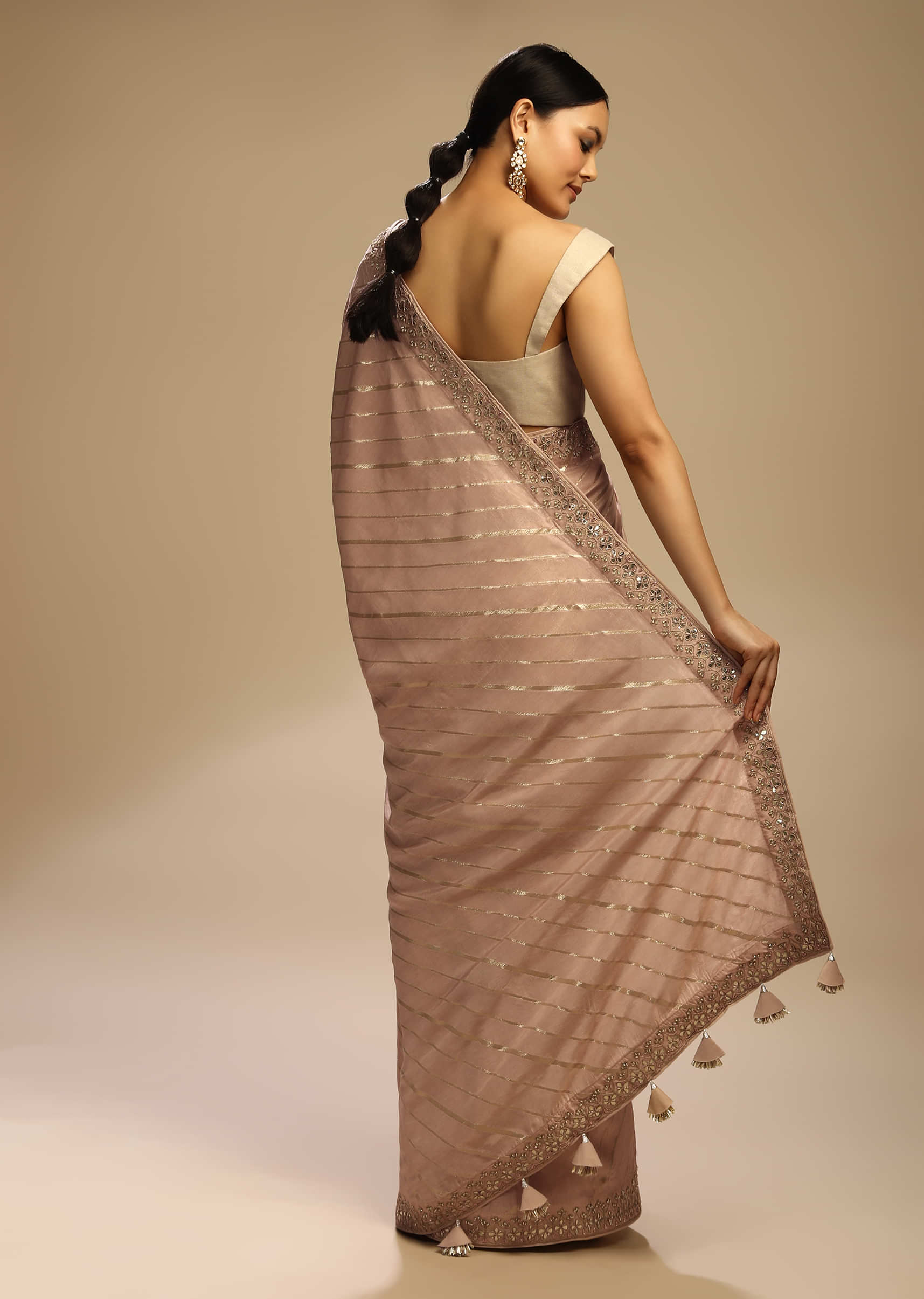 Peach Whip Saree In Dupion Silk With Woven Diagonal Stripes And Gotta Embroidered Floral Border