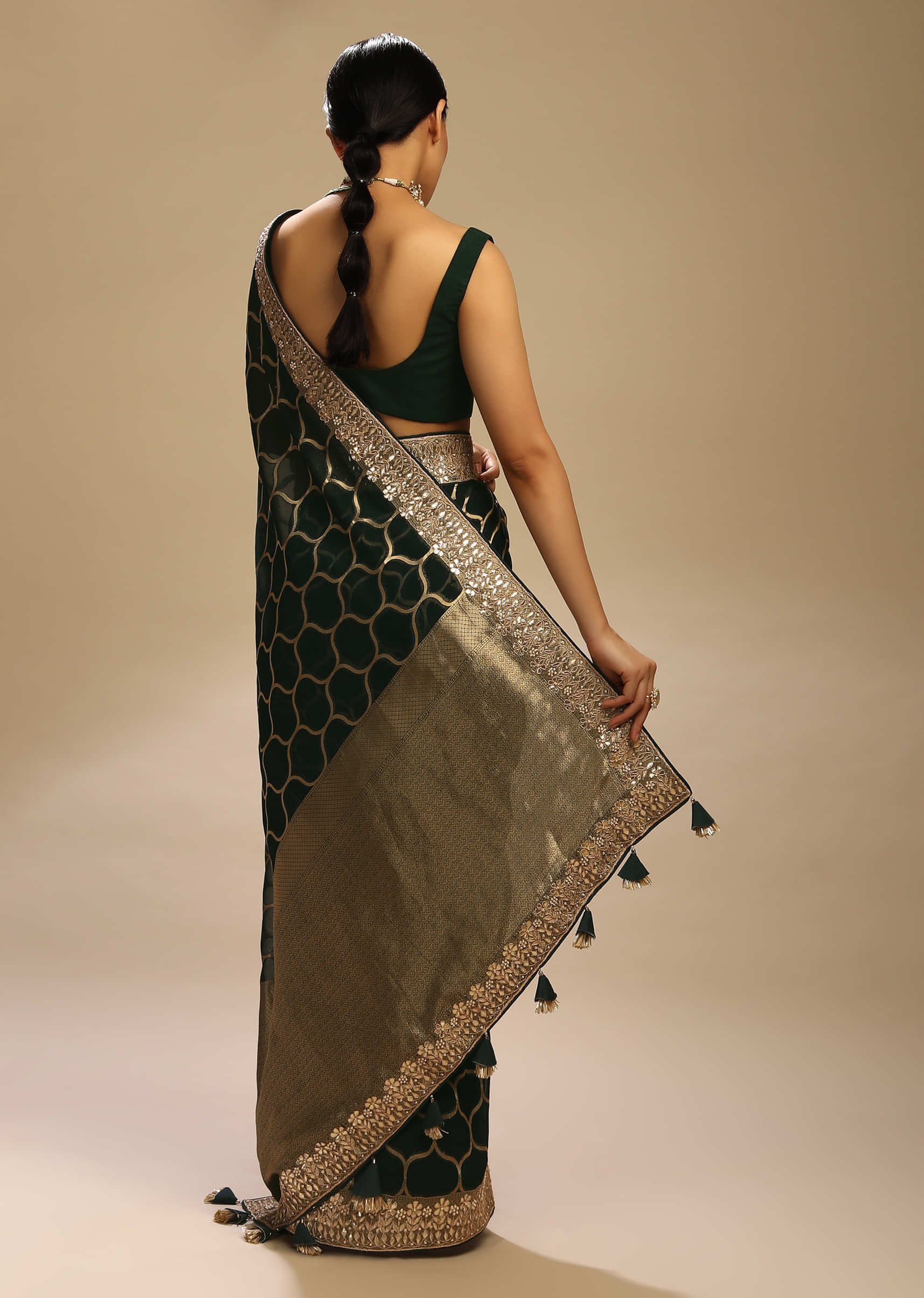 Dark Pine Green Saree In Organza Silk With Woven Moroccan Jaal And Gotta Patti Embroidered Floral Border