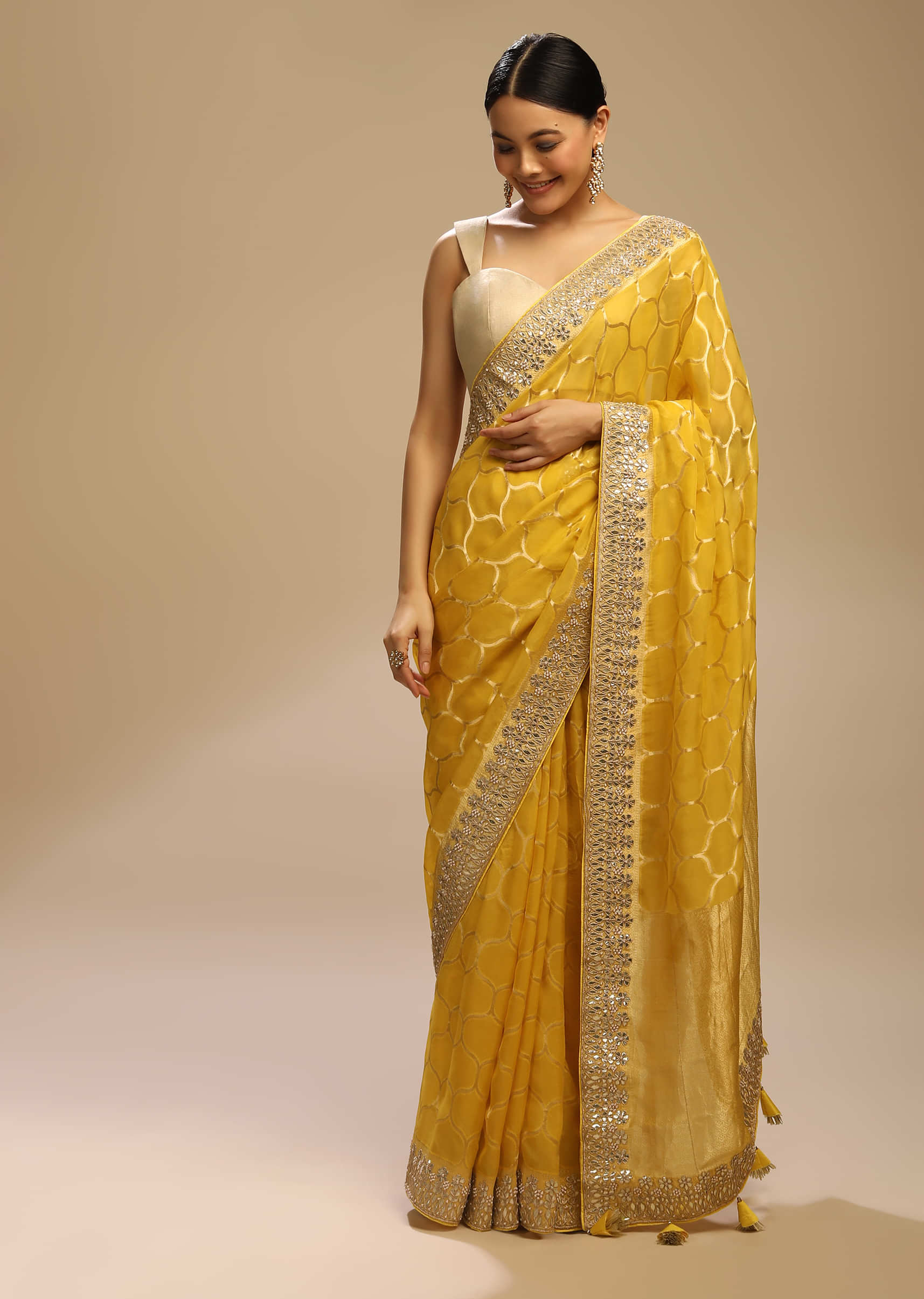 Mimosa Yellow Saree In Organza Silk With Woven Moroccan Jaal And Gotta Patti Embroidered Floral Border