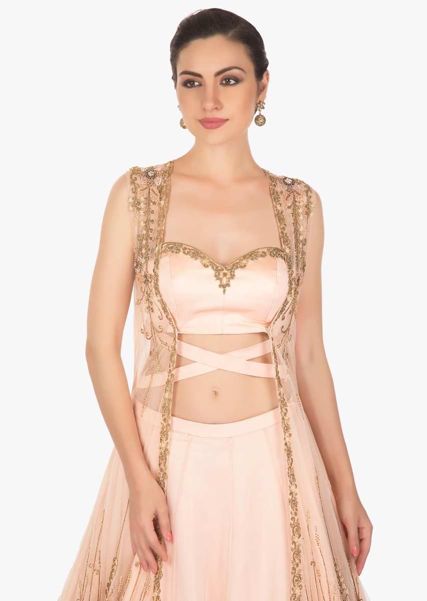 English Peach Jacket Lehenga With French Knot And Fancy Tie Up Online - Kalki Fashion