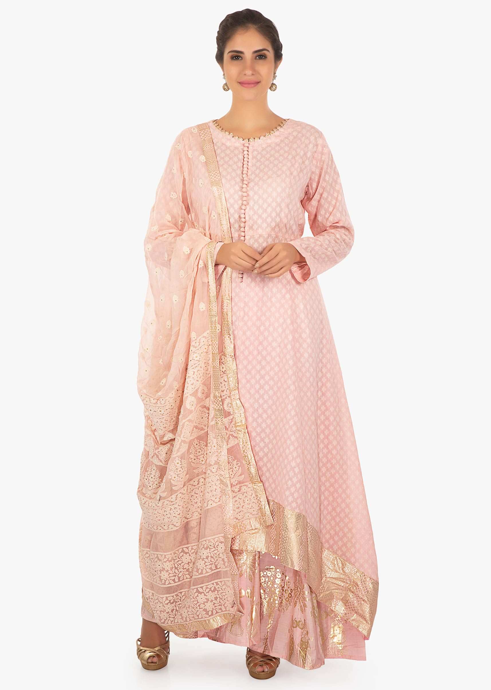  jacquard cotton pink kurti in foil printed hemline paired with a foil printed palazzo and lucknowi thread work dupatta only on Kalki
