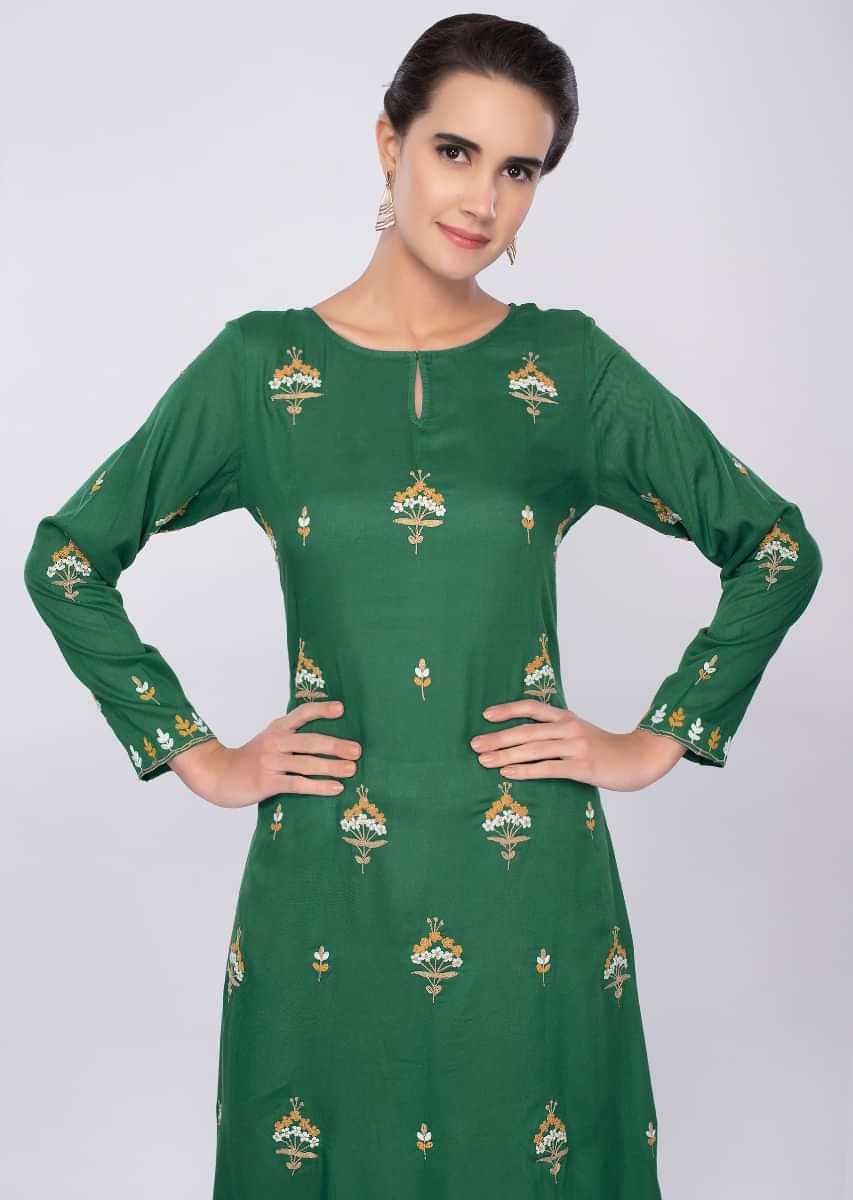 Jade Green Kurti In Cotton With Floral Butti Online - Kalki Fashion