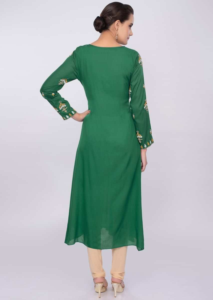 Jade Green Kurti In Cotton With Floral Butti Online - Kalki Fashion