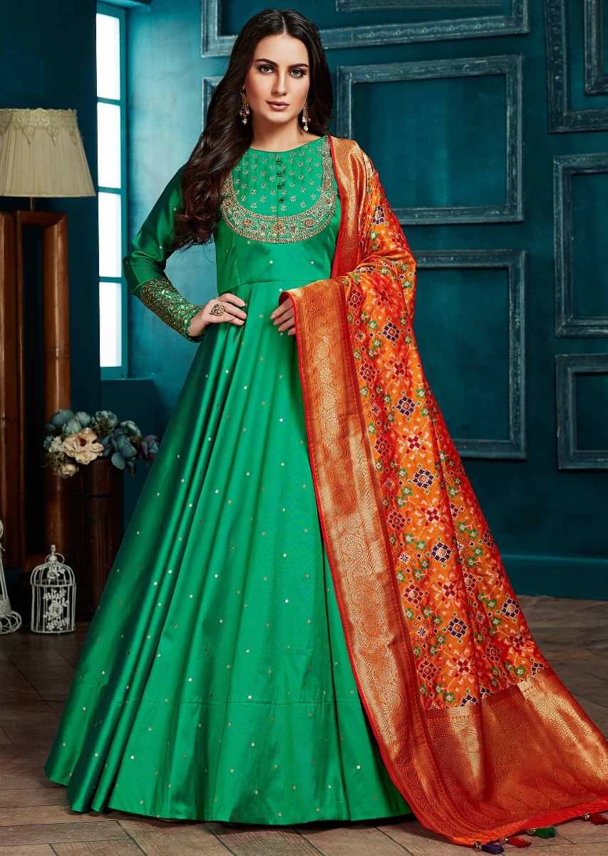 Jade Green Anarkali Suit In Silk With Weaved Buttis And Honey Yellow Banarasi Dupatta  