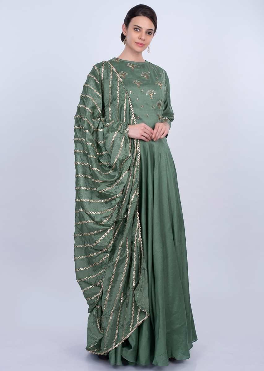 Jade green long cotton silk anarkali dress with matching embroidered dupatta only on Kalki