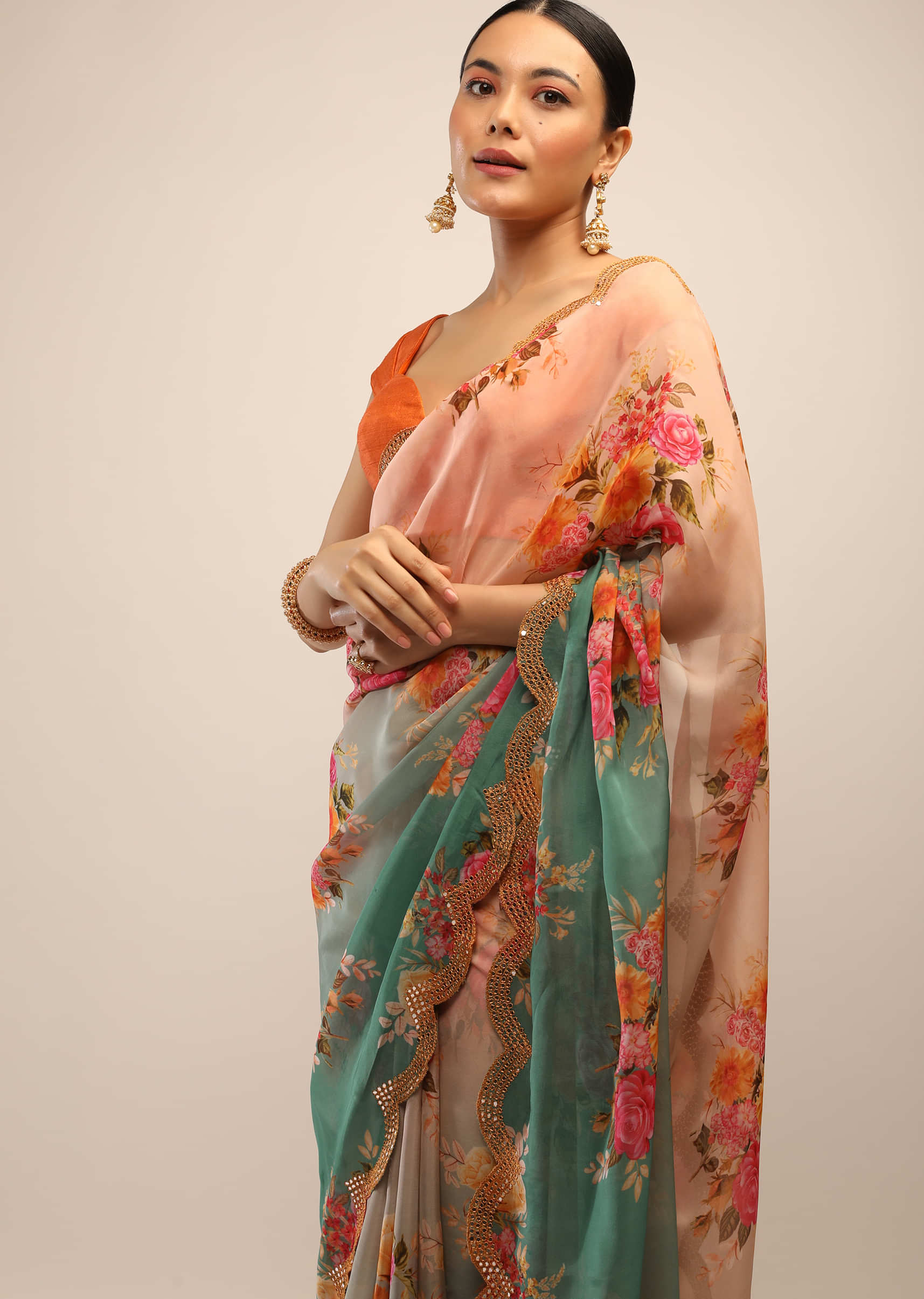 Jade Green And Peach Ombre Saree In Organza With Multi Colored Floral Print And Mirror Embellished Border