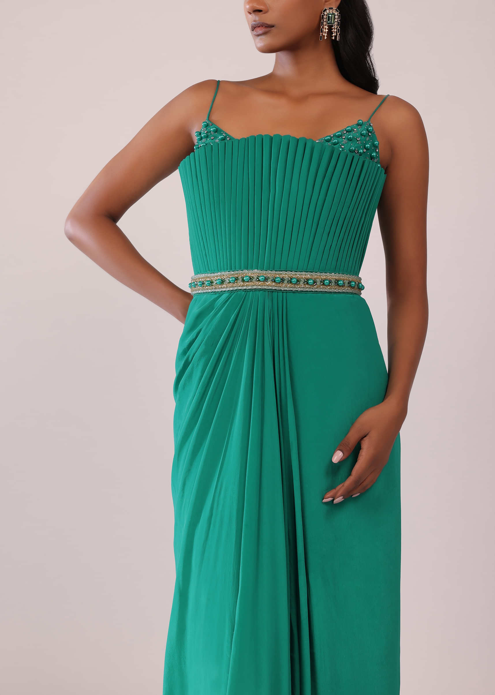 Jade Green Crepe Gown And Belt Adorned With Moti And Beads