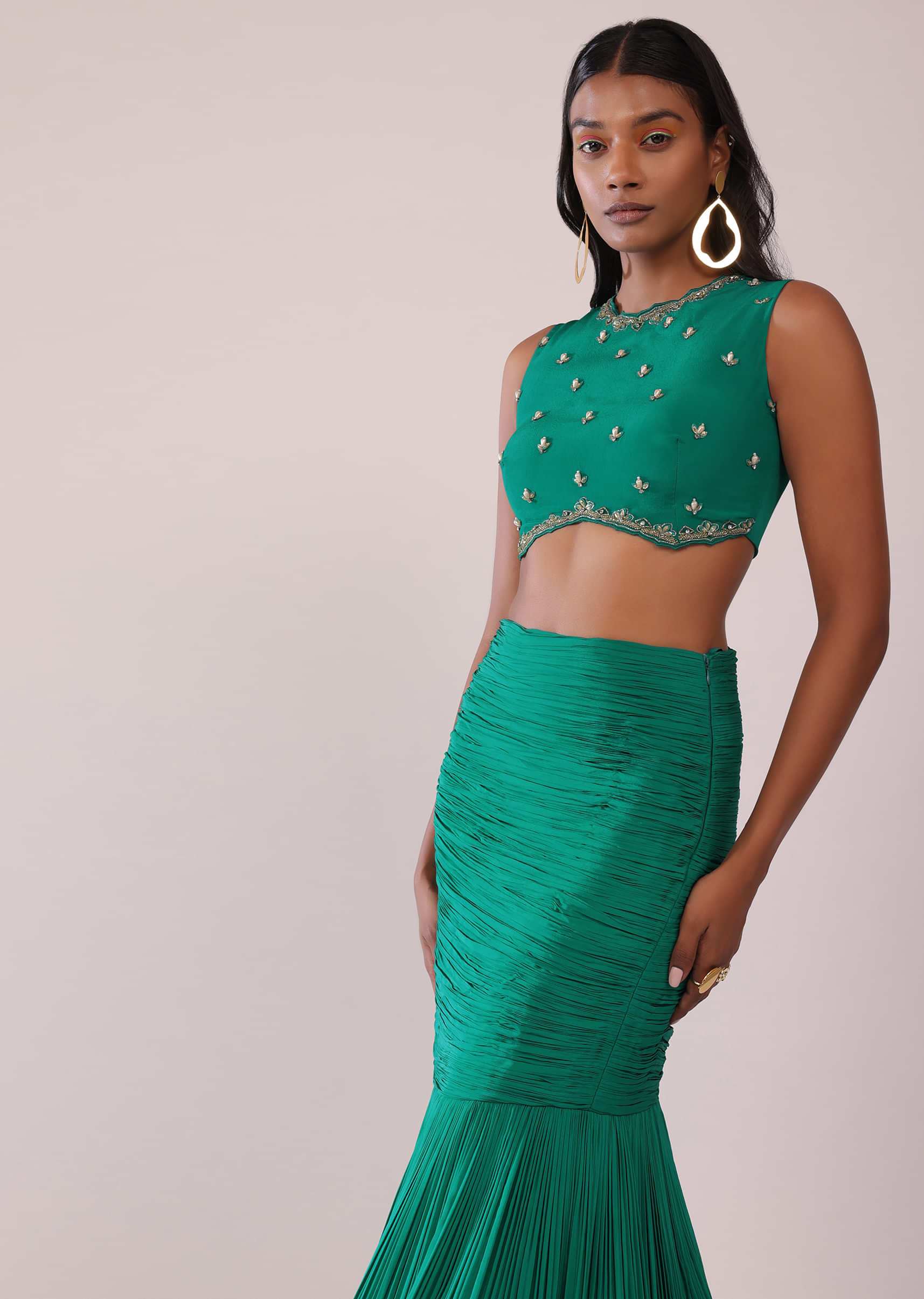 Jade Green Fish-Cut Skirt And Embroidered Blouse Set In Crepe