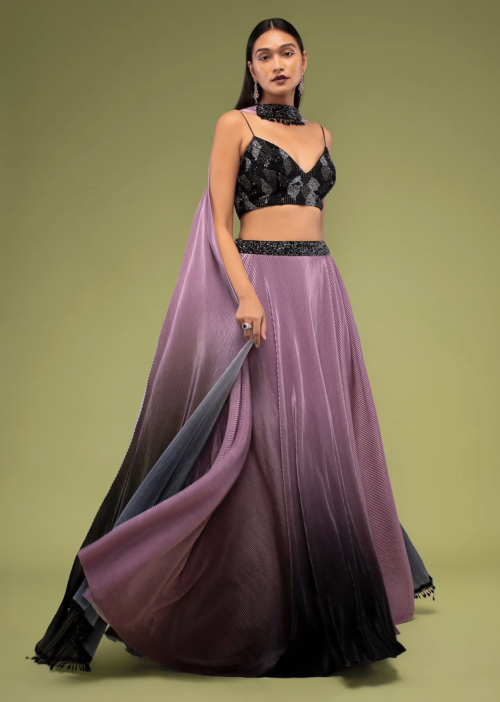 Java Plum Ombre Lehenga And Crop Top Set In Black Sequins Embroidery, Crop Top Comes N Spaghetti Straps With Multi-Color Cut Dana Embroidery