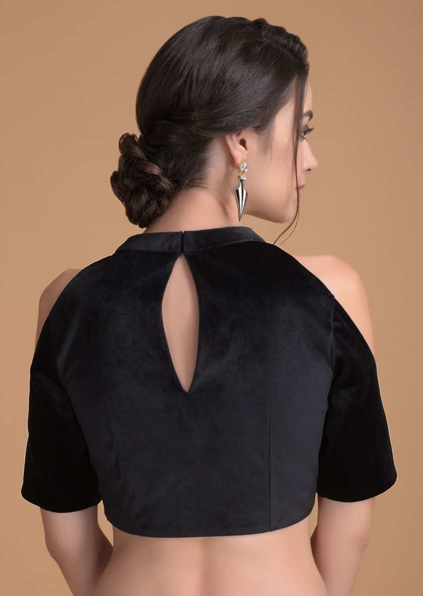 Jet Black Blouse In Velvet With Cut Out On The Neckline