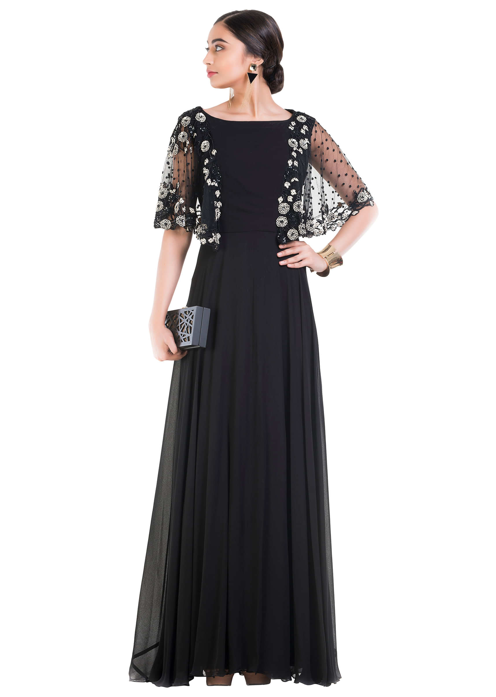 Jet Black Long Dress With Embroidered Half Cape
